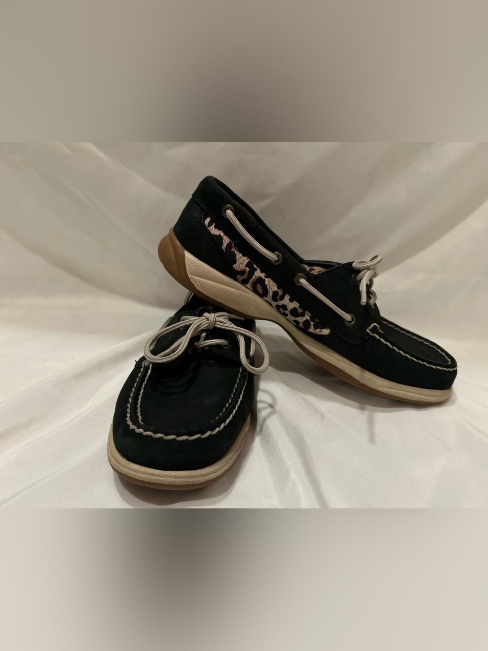 Sperry Black Women's Moccasin with Leopard Accent and Cream Laces